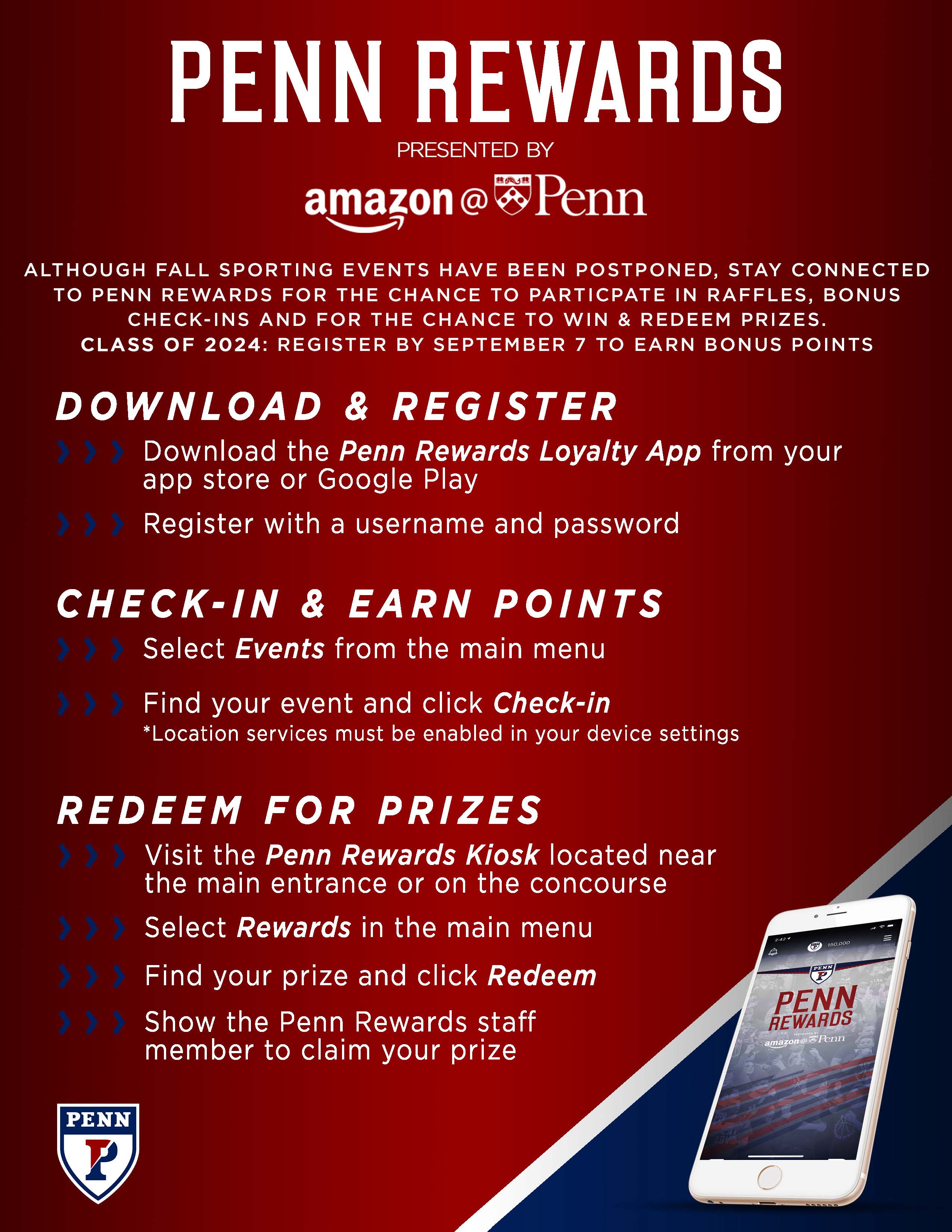 White text on blue and red background: Penn Rewards details
