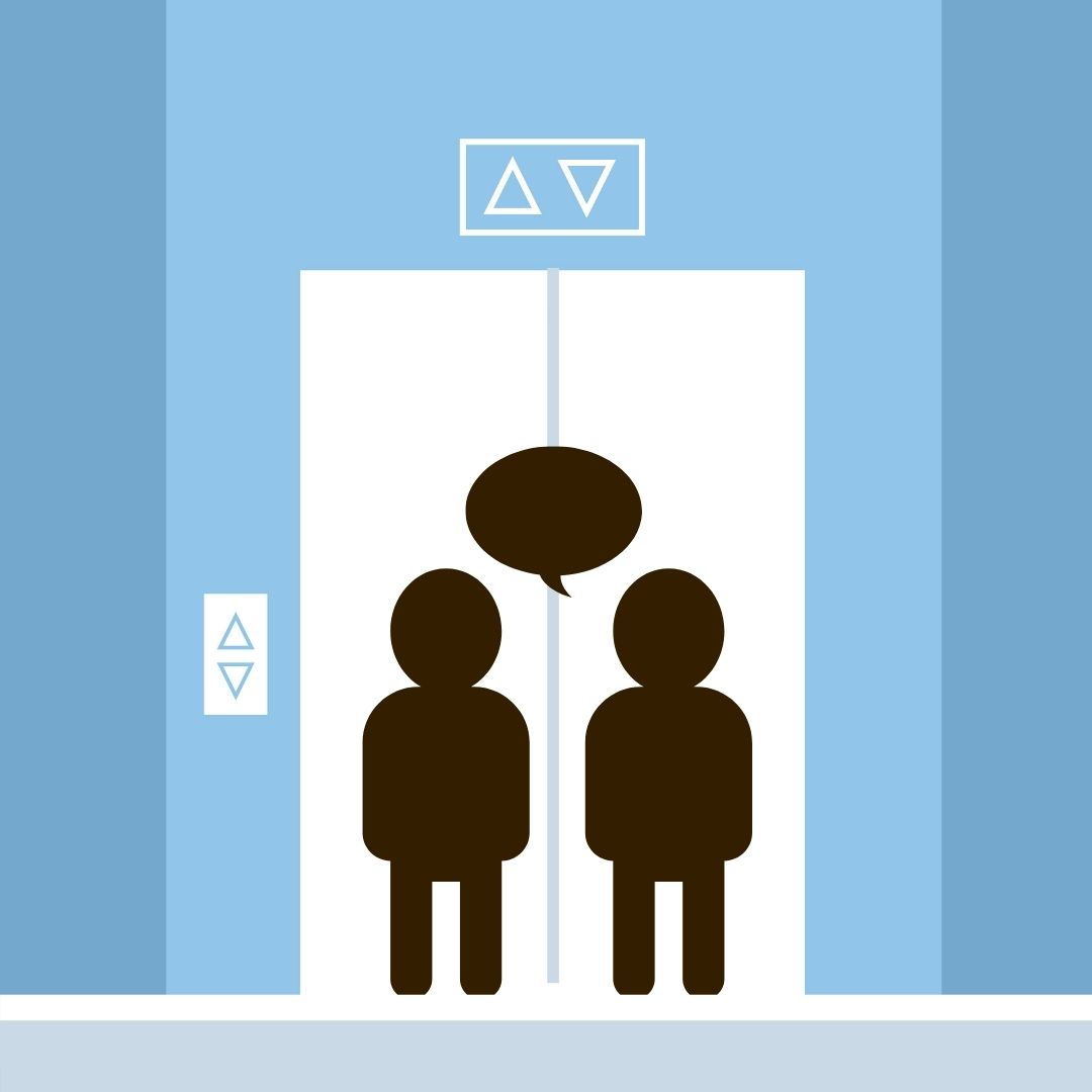 Two people standing in front of an elevator talking