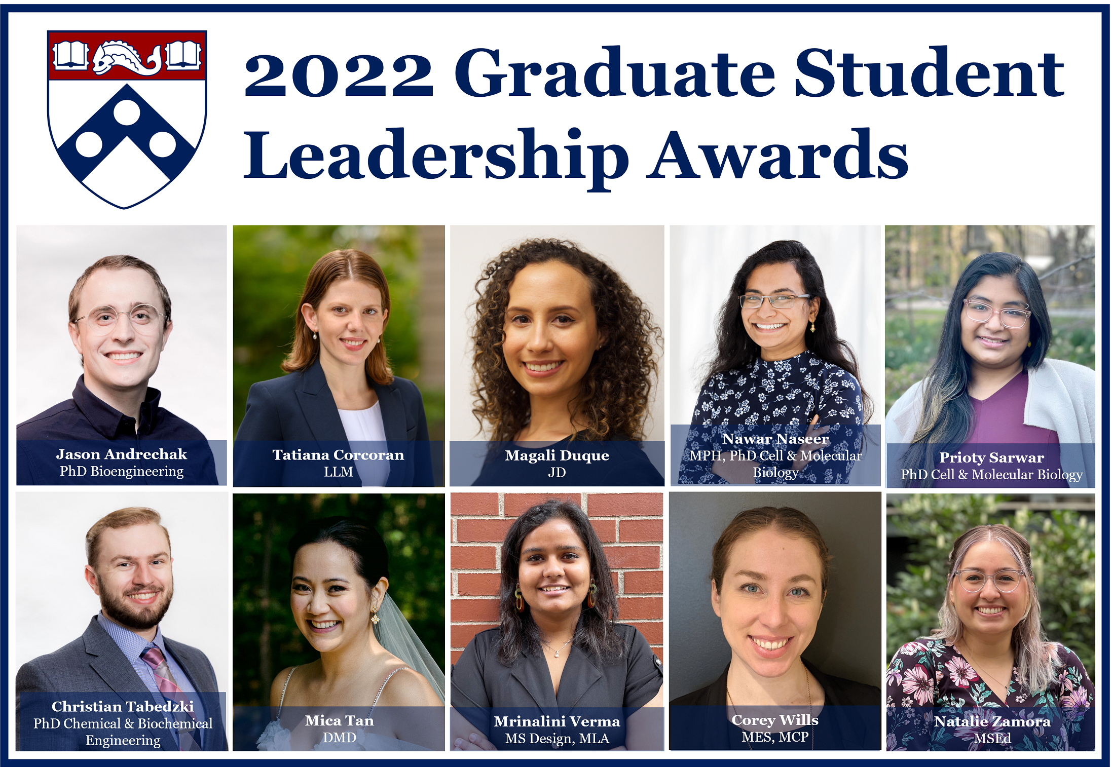 Photo collage of recipient headshots with Penn shield and text: "2022 Graduate Student Leadership Awards"
