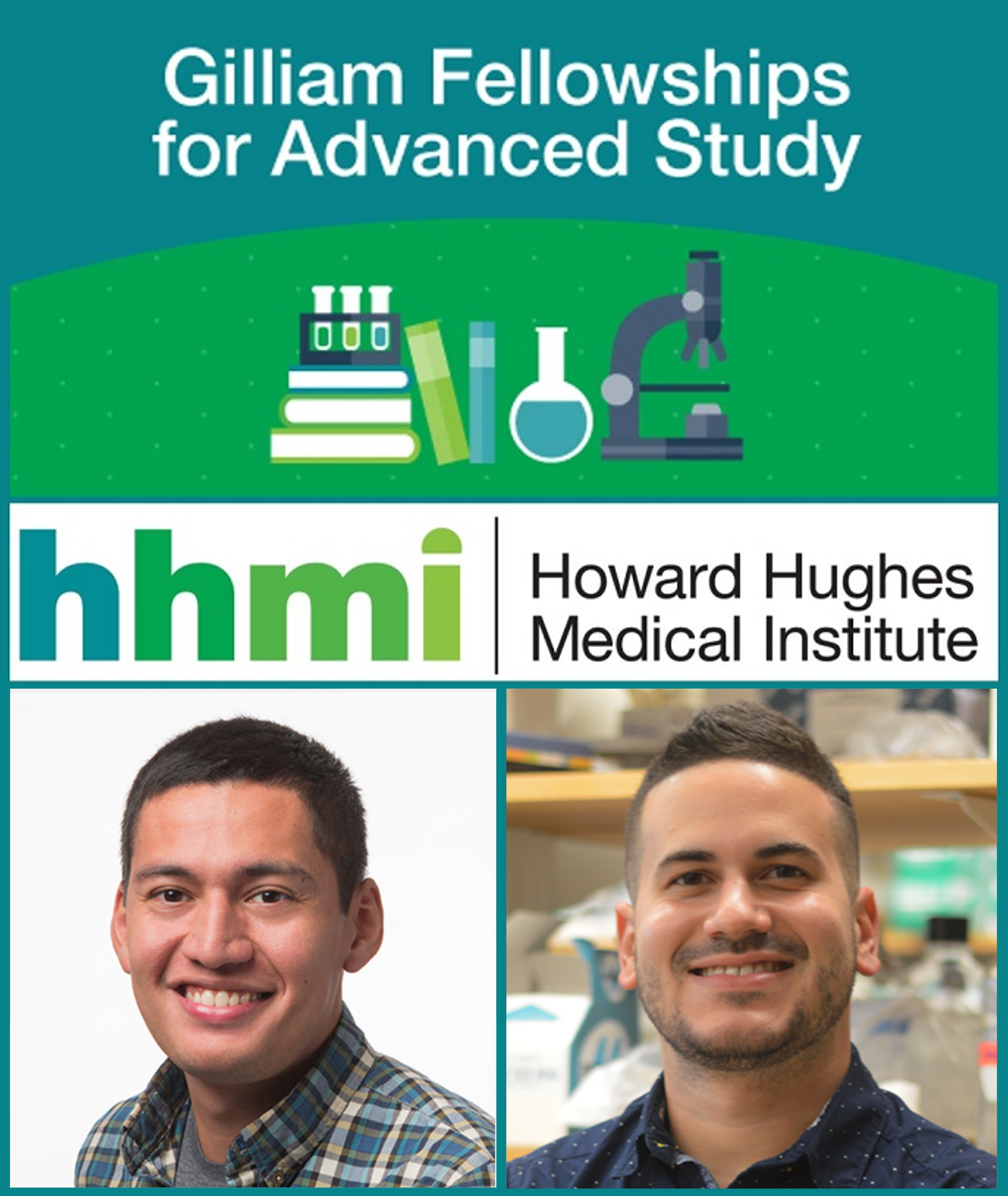 HHMI logo and photos of two recipients 