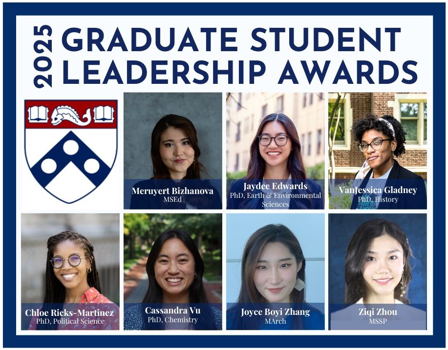 Photo collage of 7 2025 Graduate Leadership awards recipients with Penn shield