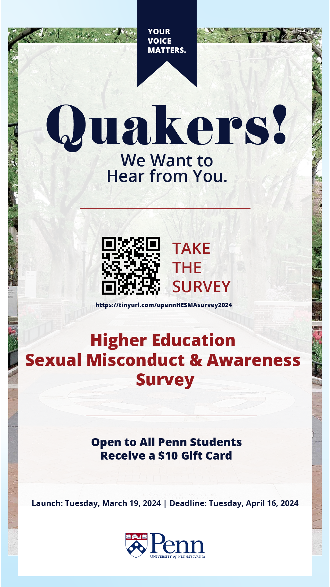 HEMSA Survey promotion. Quakers! We want to hear from you! Higher Education Sexual Misconduct & Awareness Survey. Check your email or use link (QR code) 