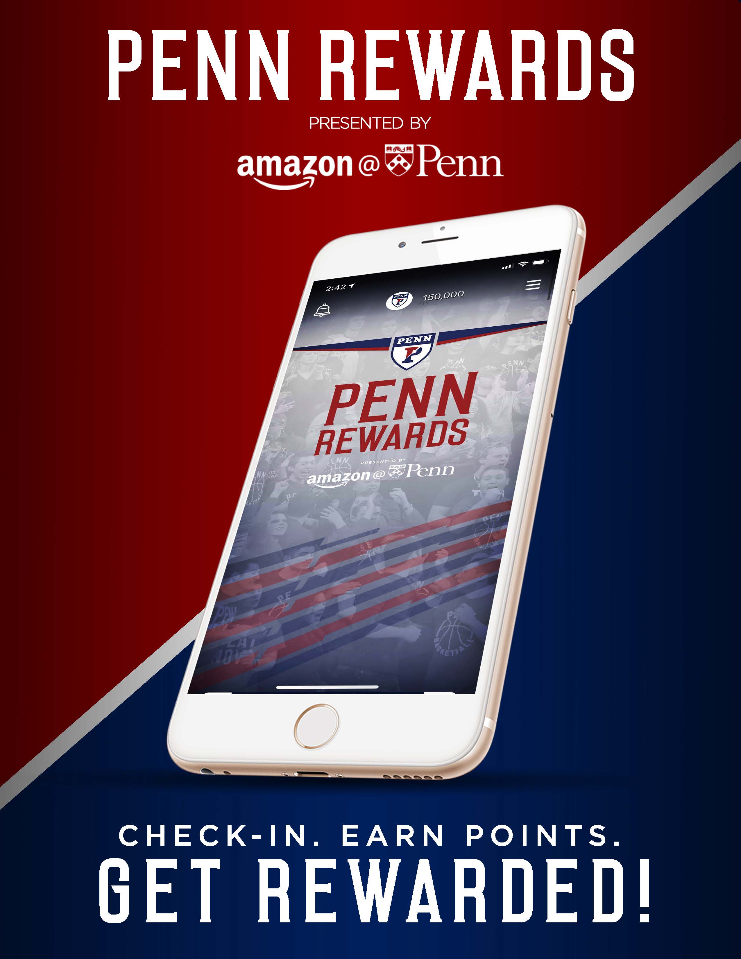 Cellphone with Penn Rewards app on blue and red background