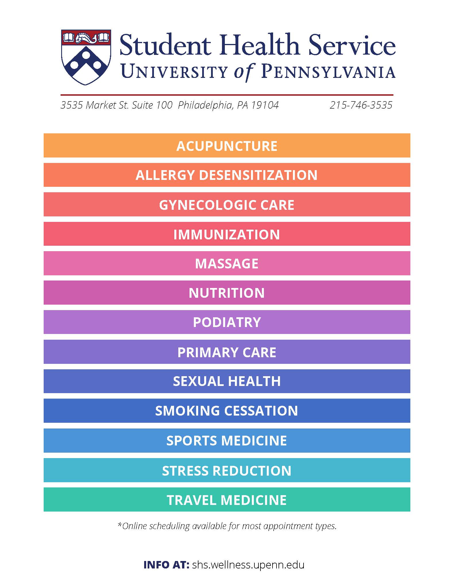 Colorful list of Student Health Services 