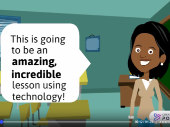 Woman in a classroom with a speech bubble that says 'This is going to be an amazing, incredible lesson using technology!'
